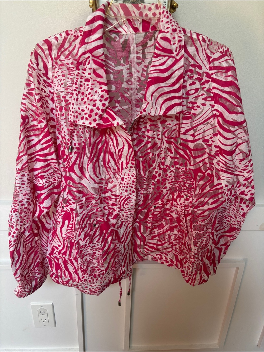 Pink White Zebra Print Burnout Sheer Jacket Zip Up size L